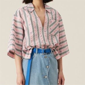 GANNI Cotton Seersucker Boxy Shirt Pink and Blue Size Small/Medium